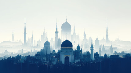 Fototapeta premium Cityscape Silhouette at Dusk with Domes and Towers in Blue Hues