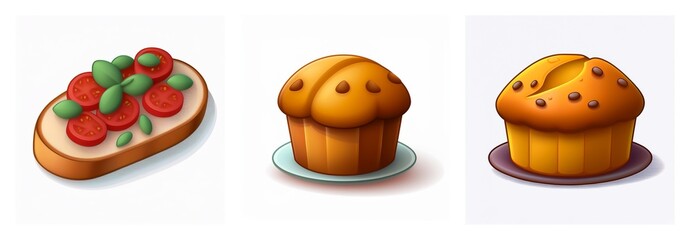 A slice of bread topped with tomato and basil, next to two muffins, one is plain and the other has chocolate chips.