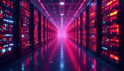 Vibrant hues bathe advanced server infrastructure in futuristic glow , high-tech, glow, technology