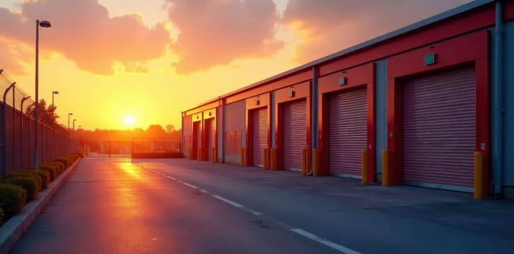 Three loading bays at sunset; security gates closed , distribution, loading bay, restricted