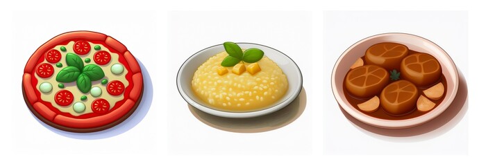 Three food dishes are presented: a tomato and basil pizza, creamy polenta with corn and basil, and braised meat with garlic cloves in sauce.