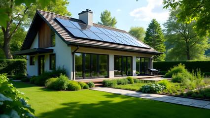A house facade with solar panels and a backyard vegetable garden. The modern design and lush garden highlight the blend of renewable energy and self-sufficiency.