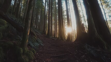 Obraz premium Forest Trail Sunlit Path Through Tall Trees