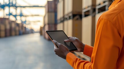 Business professional using tablet in shipping warehouse overseeing global trade operations and commerce in industrial environment with stacked containers