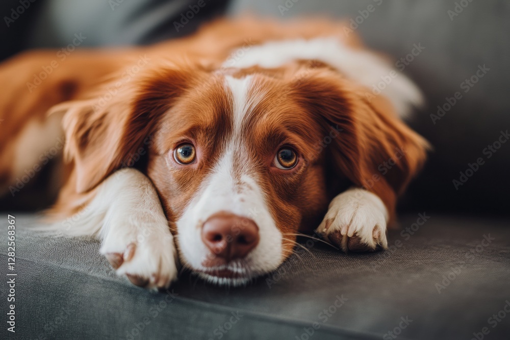 Poster relaxed dog rests on a couch while looking curiously at the camera in a cozy living room setting. ge