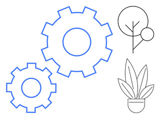 Two blue gears drawn in abstract line style beside simple black line drawings of a tree and plant. Ideal for sustainability, eco-friendly technology, innovation, engineering, harmony, growth