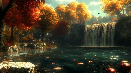 Autumn Waterfall Scene in a Forest