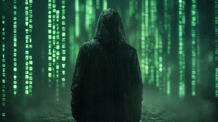 Mysterious Figure Amidst Cascading Green Code in Dark Atmosphere