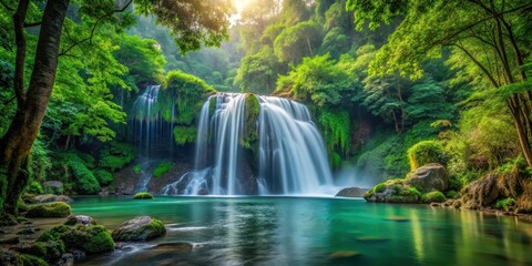 waterfall in dense forest, natural scenery, nature,  natural scenery, nature