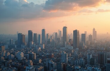 Fototapeta premium Cityscape aerial view with skyscrapers in morning mist. Urban architecture of megapolis. Buildings, skyline, downtown district in fog. Panorama of metropolis at sunrise with cloudy sky.