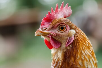 Beautiful close up of an alert hen with vibrant feathers and expressive eye in a natural setting during daylight. Generative AI