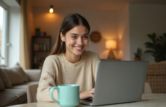 Young smiling woman works on laptop from home. Happy freelancer browse website, communicate online. Caucasian girl types on computer keyboard. Female sitting at desk near window with cup of tea