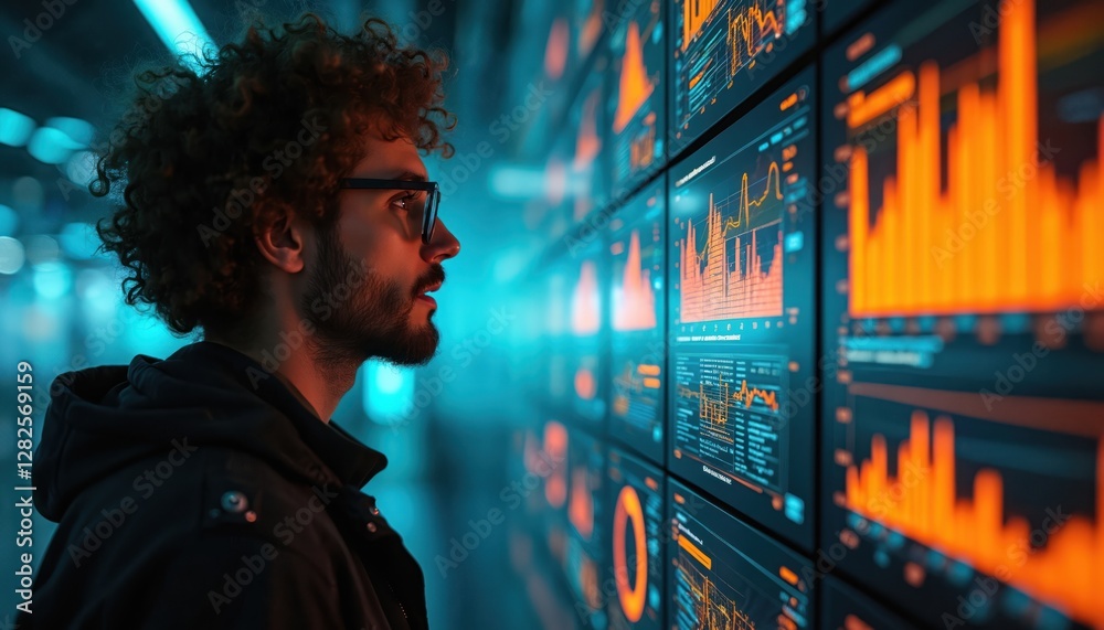 Leinwandbilder Young developer analyzes dashboard data on multiple screens. Man wearing glasses looks at graphs, charts. Concept for data analysis, business intelligence, monitoring, big data, startup. Trader
