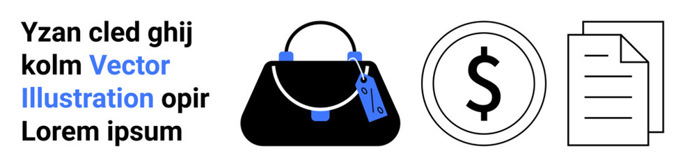 Stylish handbag with attached price tag, large dollar coin, and stacked documents. Ideal for shopping, retail, fashion, finance, commerce, budgeting and promotional flat landing page banner