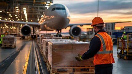 Efficient Air Cargo Operations at Sunset in Global Trade Industry with Worker Handling Shipments and Airplane in Background