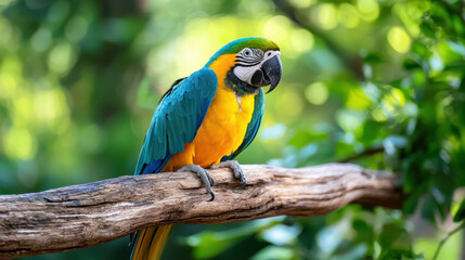 Obraz premium Elegant exotic parrot resting on wooden branch in lush environment