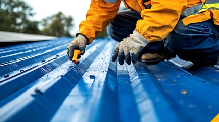 Worker inspecting blue metal roofing