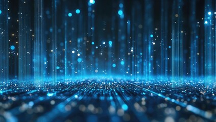 Abstract digital data stream, glowing particles, dark background, tech presentation
