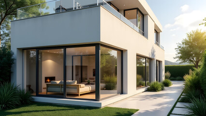 A house facade with transparent solar panels in the windows. The modern design and innovative technology highlight the blend of functionality and aesthetics in sustainable living.