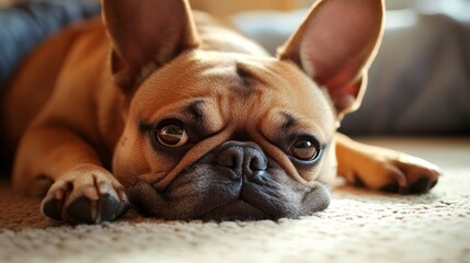 Obraz premium Sad dog lying on the floor with a melancholic look in a bedroom. Sad dog conveying emotion and the need for affection and attention.