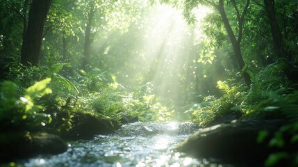 Sunlit stream flows through lush forest; nature background