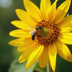 Busy bee collects pollen from giant sunflower's disc florets , image, nature