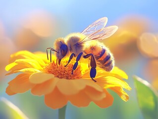 A bee collecting nectar from a vibrant yellow flower in full bloom.