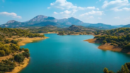 Obraz premium Turquoise lake, mountains, summer, aerial view, nature