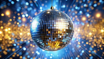 Obraz premium Glittering silver disco mirror ball suspended from the ceiling amidst a halo of blue and gold reflections, creating an aura of luxury and glamour , blue and gold reflections, shining ball