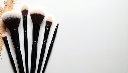 Top view of makeup brushes set on white background. Black cosmetic tools for perfect skin contouring, facial sculpting and blending powder, concealer or foundation. Beauty blog blank mockup.