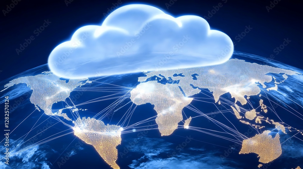 Poster digital cloud computing concept over a global network with data connections