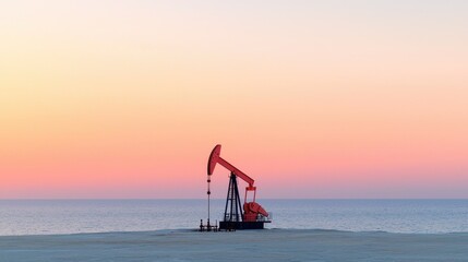 Fototapeta premium Oil pump jack at sunrise over the ocean. Possible use Stock photo for energy, environment, or travel