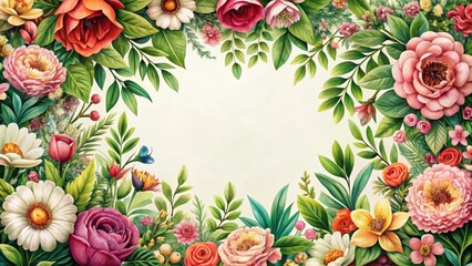 Intricate floral pattern with lush greenery and vibrant blossoms , flora, foliage,  flora, foliage, botanicals, garden, blossoms