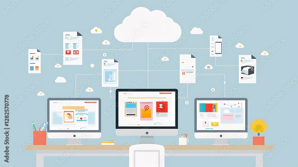 Aufkleber cloud computing concept with multiple devices connected to a central cloud network