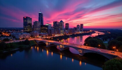Aerial dusk view of Fort Wayne's downtown skyline, illuminated bridges and buildings , Indiana, golden hour