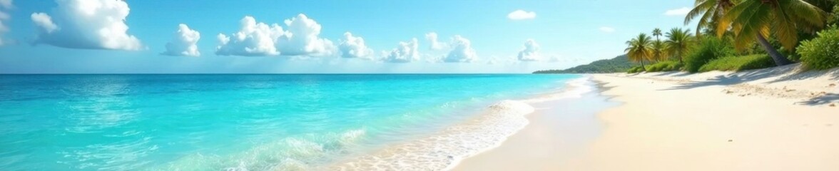 Obraz premium Azure water shimmers; soft sand reflects sunlight; distant palms , vacation, bright