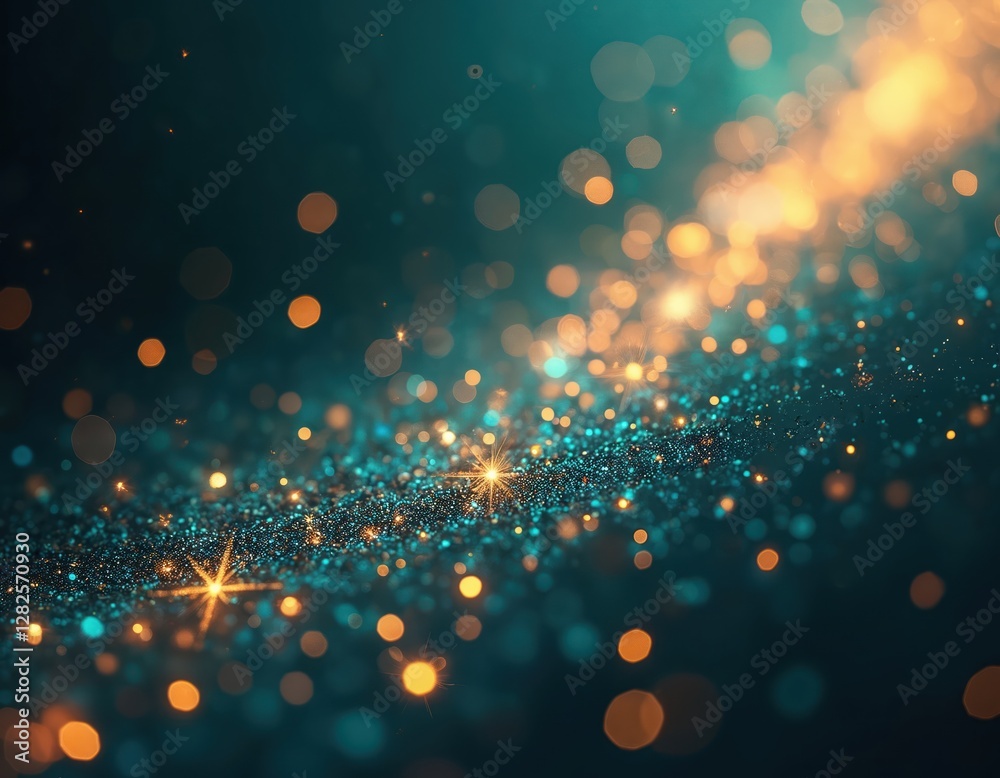 Aufkleber Glistering golden, blue bokeh overlay effect with light, shiny, falling stars. Magic blurred abstract texture background element. Shine space glow with fantasy air, dynamic spark glare on dark