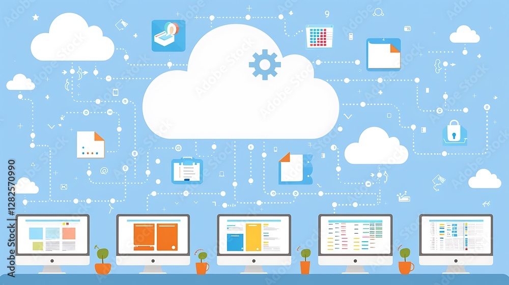 Poster cloud computing concept with multiple devices connected to a central cloud network
