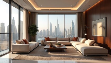 Luxury penthouse living room interior in Dubai with contemporary design. Designer furniture, floor-to-ceiling windows. Breathtaking views of city skyline, landmark tower on background. Stylish home