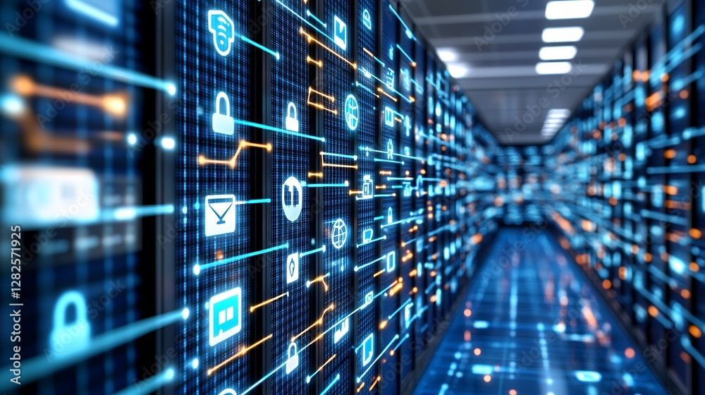 Poster digital network connections with user icons and security symbols representing online interaction