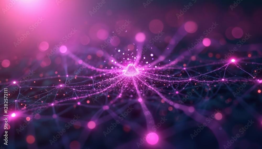 Poster neural network connection with purple gradient. abstract mesh background with bokeh effect, geometri