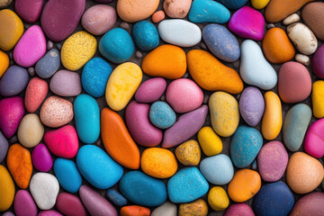Colorful pebbles in various shapes and sizes create vibrant mosaic. bright hues of blue, pink, orange, and purple evoke playful and cheerful atmosphere