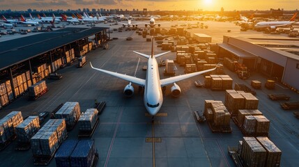 Obraz premium Aerial View of Busy Cargo Airport at Sunset with Airplanes and Shipping Containers Ready for Global Trade and Commerce Operations