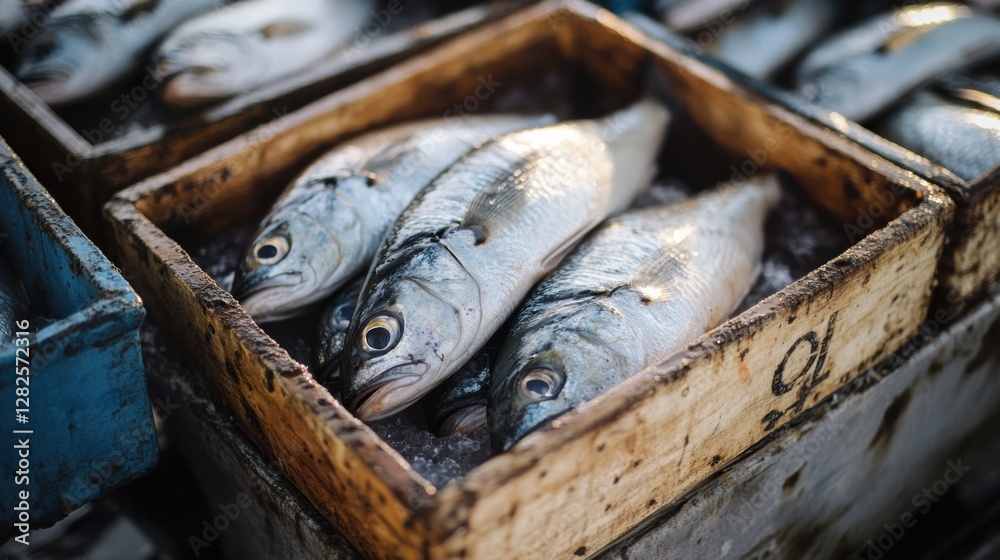 Aufkleber freshly caught fish displayed in wooden crates at a bustling seafood market early in the morning. ge