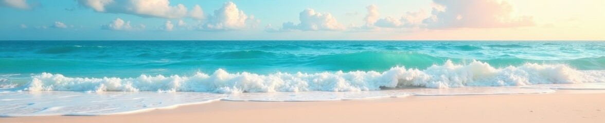 Textured paper beach scene; layered paper waves & sky; pastel color palette , card, layered, abstract