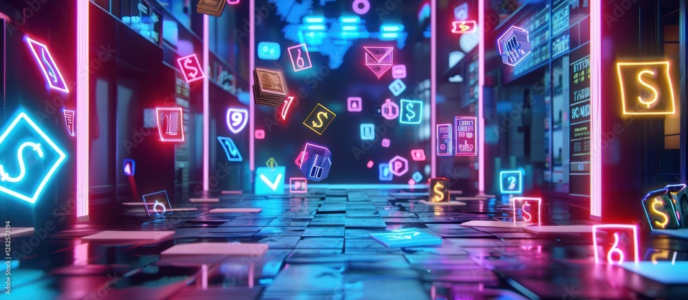 Canvas Prints neon-lit digital alley with floating app icons.