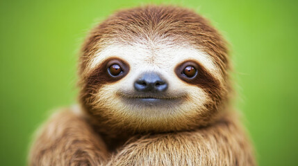 Fototapeta premium close up of sloth with gentle expression, showcasing its unique features and fur against soft green background. This captures charm and tranquility of this slow moving animal