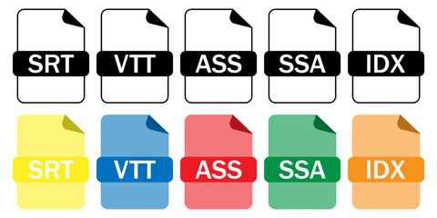 Set of subtitle and caption file format icons (SRT, VTT, ASS, SSA, IDX) in outline and color styles. Perfect for video editing, streaming, and accessibility projects.
