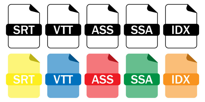 Set of subtitle and caption file format icons (SRT, VTT, ASS, SSA, IDX) in outline and color styles. Perfect for video editing, streaming, and accessibility projects.