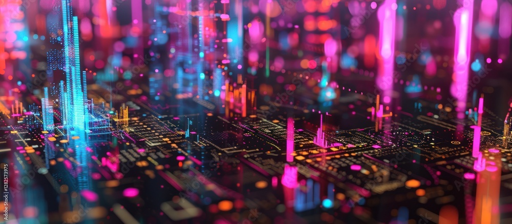Poster abstract colorful digital cityscape with glowing lines and bokeh.